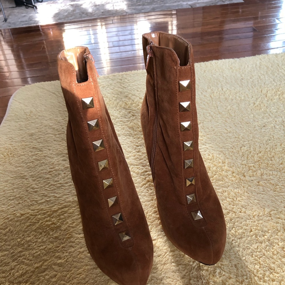 Brown Suede Studded  Platform Ankle High Heel Boots Size 8 - Picture 5 of 16